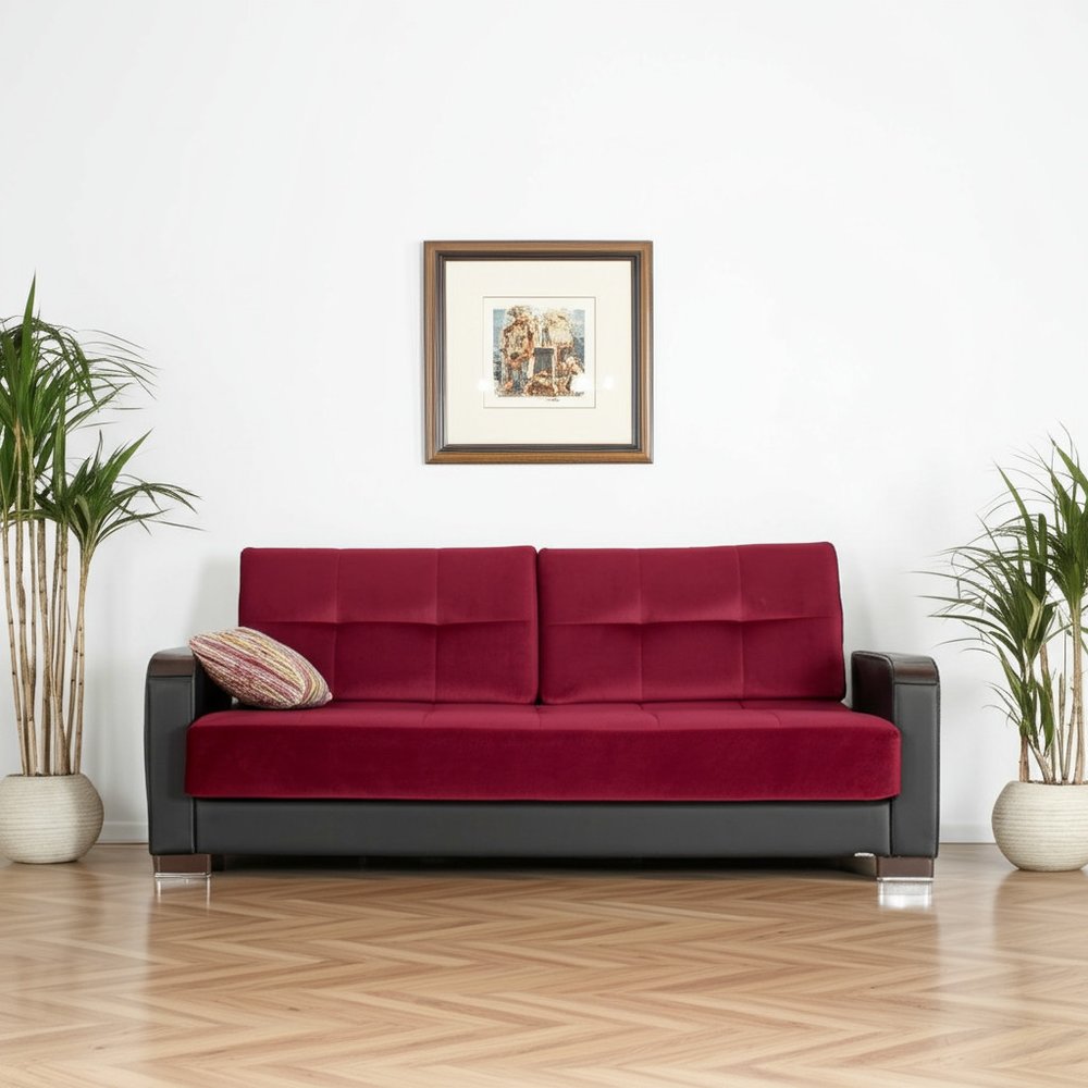 87" Burgundy Microfiber And Faux Leather Convertible Futon Sleeper Sofa And Toss Pillows With Storage