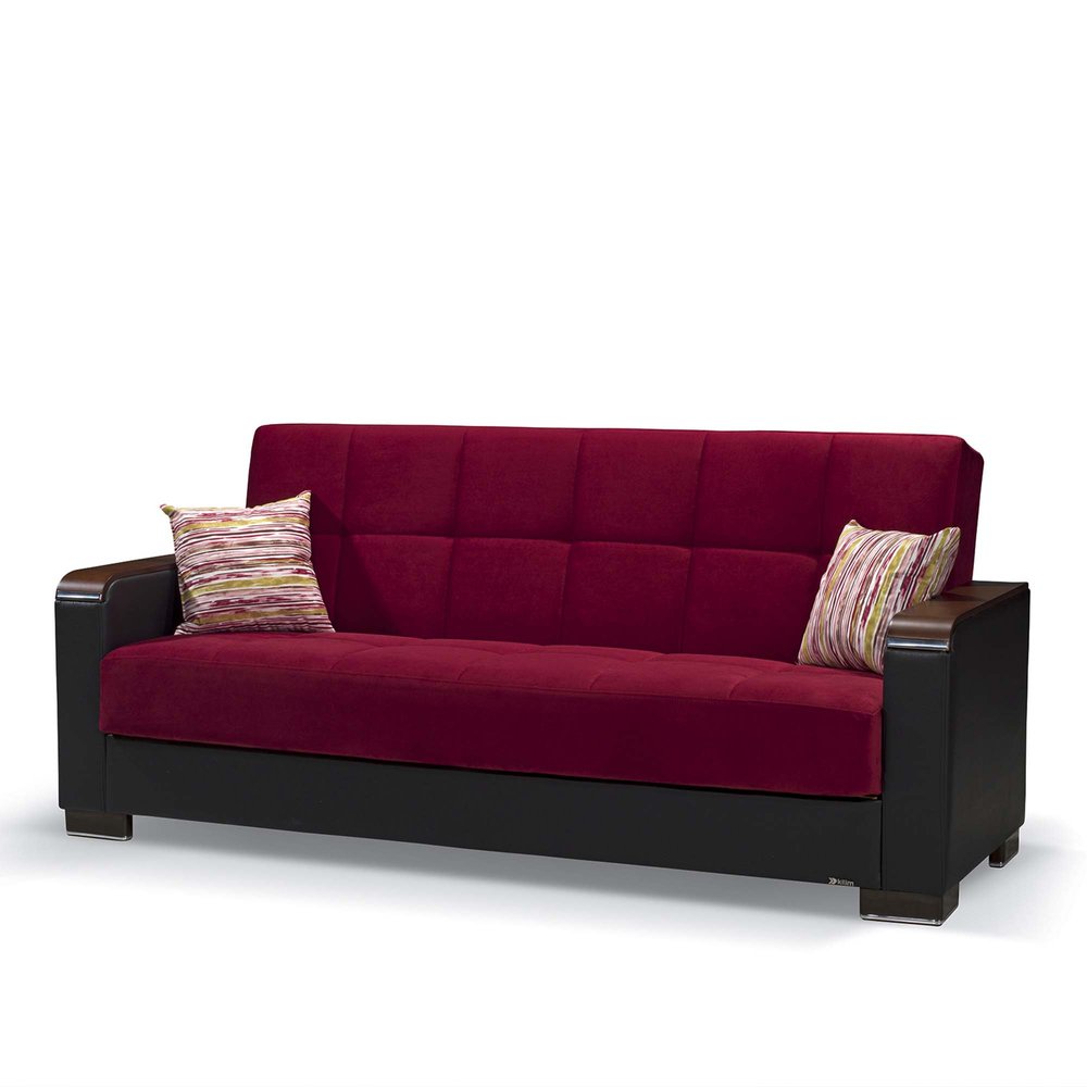 87" Burgundy Microfiber And Faux Leather Convertible Futon Sleeper Sofa And Toss Pillows With Storage