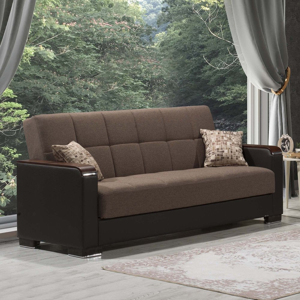 87" Brown Chenille And Faux Leather Convertible Futon Sleeper Sofa And Toss Pillows With Storage