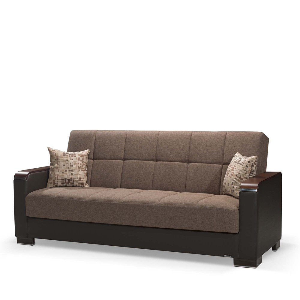 87" Brown Chenille And Faux Leather Convertible Futon Sleeper Sofa And Toss Pillows With Storage