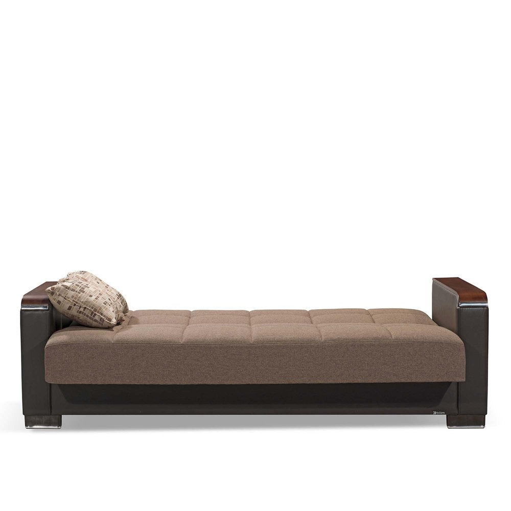 87" Brown Chenille And Faux Leather Convertible Futon Sleeper Sofa And Toss Pillows With Storage