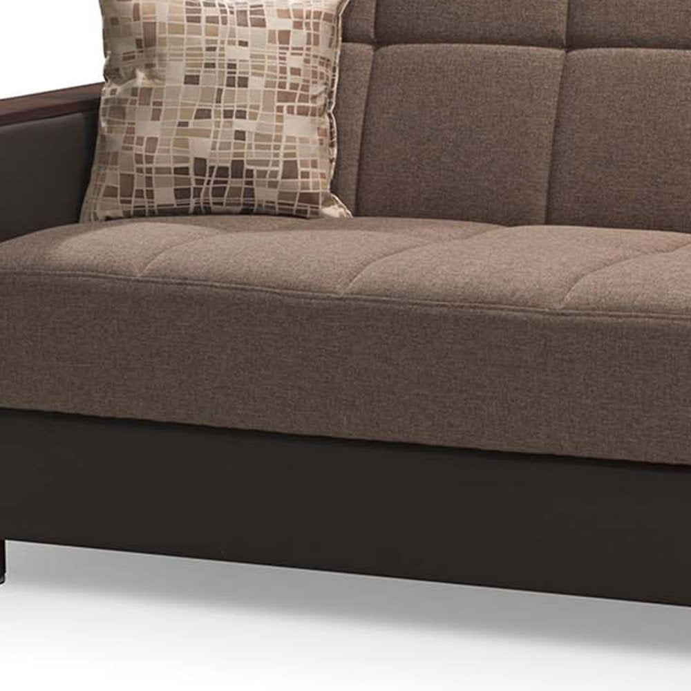 87" Brown Chenille And Faux Leather Convertible Futon Sleeper Sofa And Toss Pillows With Storage