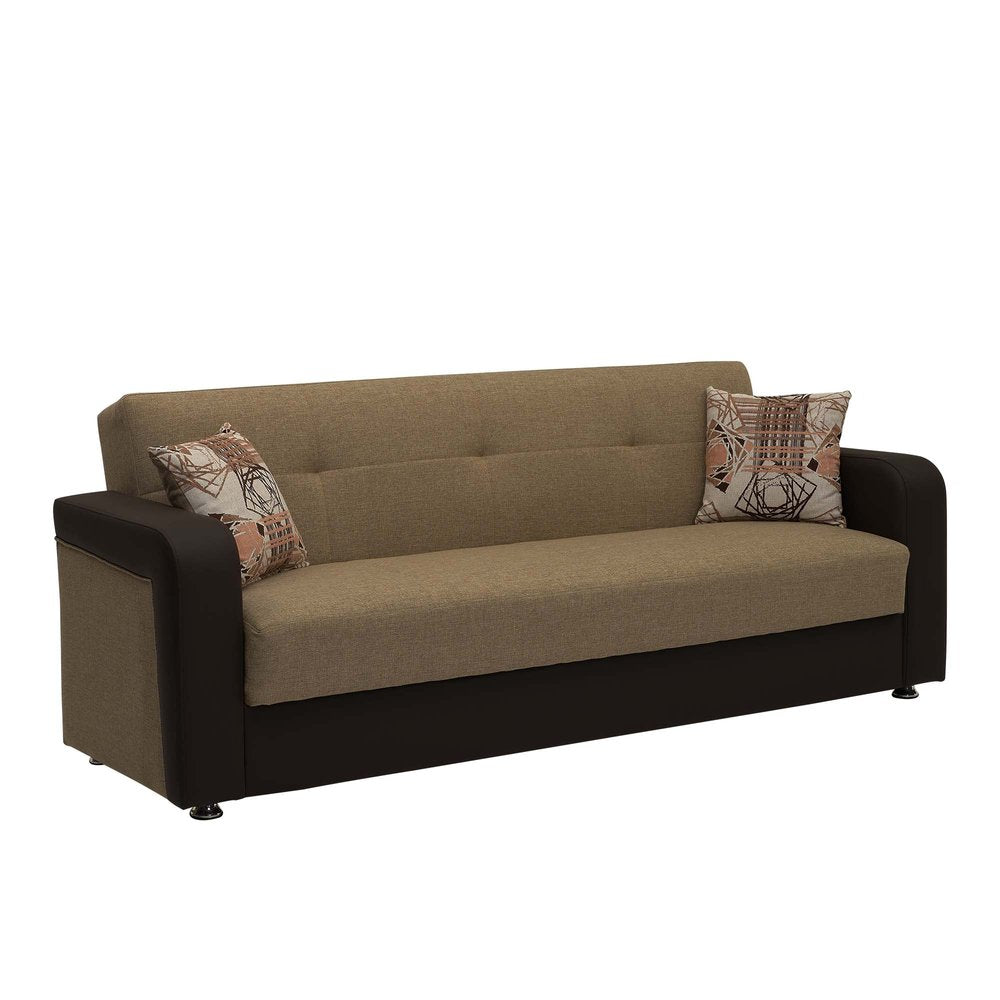 90" Brown Chenille And Faux Leather Convertible Futon Sleeper Sofa And Toss Pillows With Storage