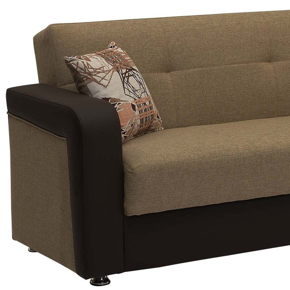 90" Brown Chenille And Faux Leather Convertible Futon Sleeper Sofa And Toss Pillows With Storage