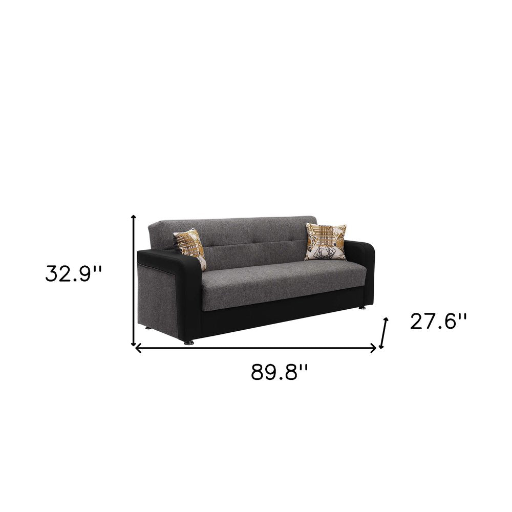 90" Gray Chenille And Faux Leather Convertible Futon Sleeper Sofa And Toss Pillows With Storage
