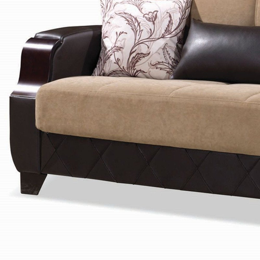89" Brown Microfiber And Faux Leather Convertible Futon Sleeper Sofa And Toss Pillows With Storage