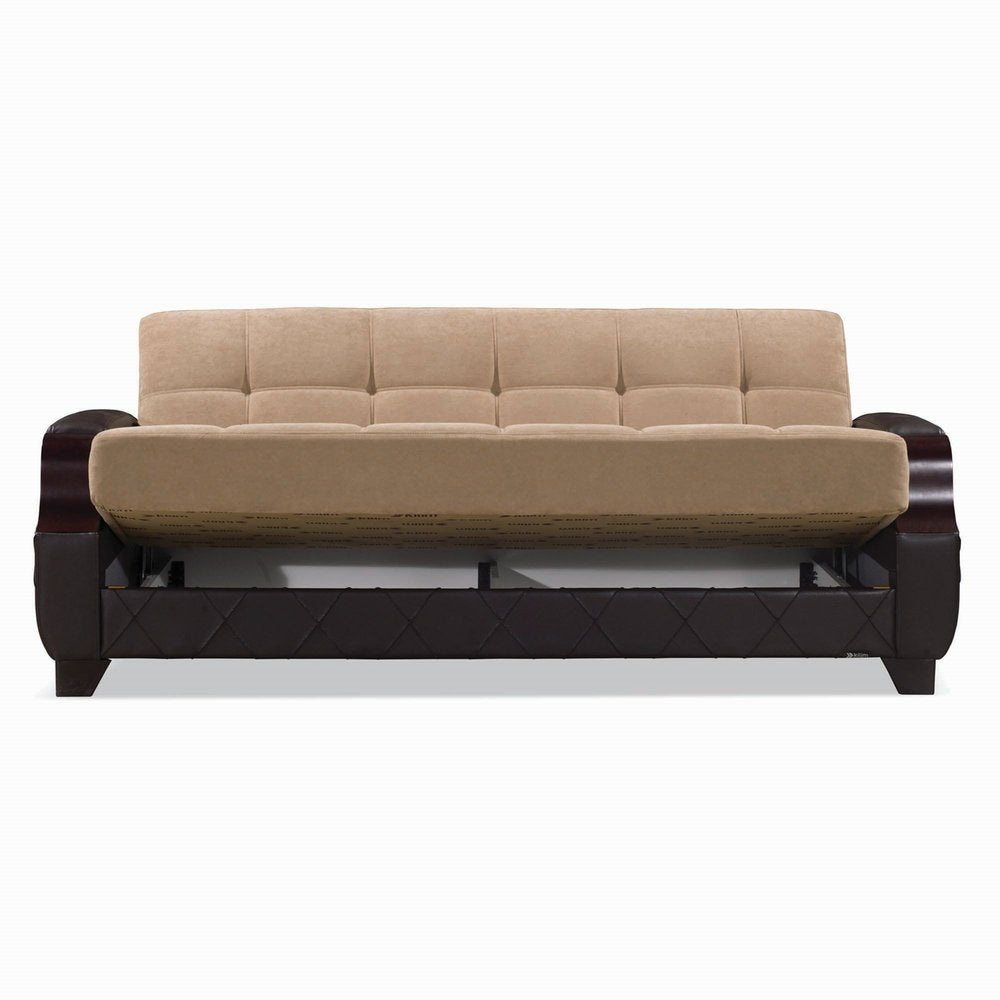 89" Brown Microfiber And Faux Leather Convertible Futon Sleeper Sofa And Toss Pillows With Storage
