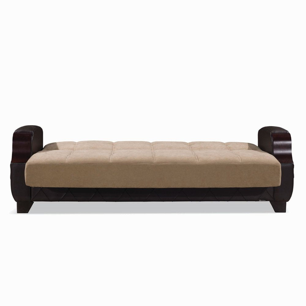 89" Brown Microfiber And Faux Leather Convertible Futon Sleeper Sofa And Toss Pillows With Storage