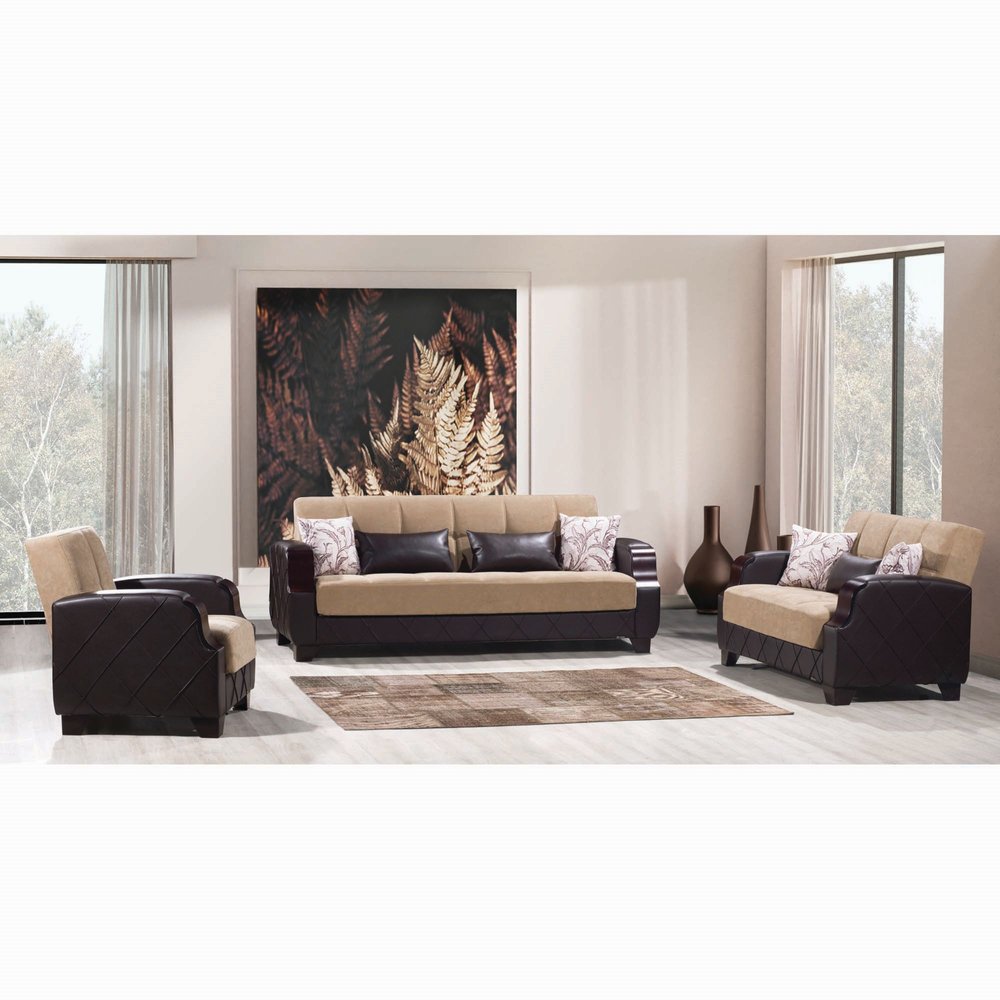89" Brown Microfiber And Faux Leather Convertible Futon Sleeper Sofa And Toss Pillows With Storage