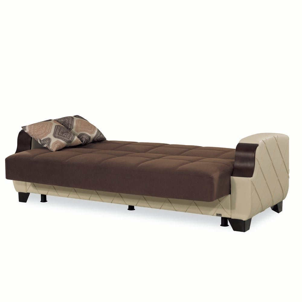 89" Brown And Cream Microsuede And Faux Leather Convertible Futon Sleeper Sofa And Toss Pillows With Storage