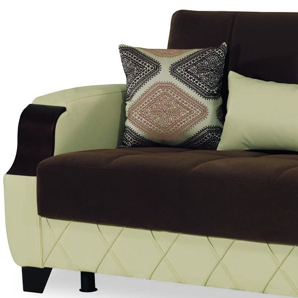 89" Brown And Cream Microsuede And Faux Leather Convertible Futon Sleeper Sofa And Toss Pillows With Storage