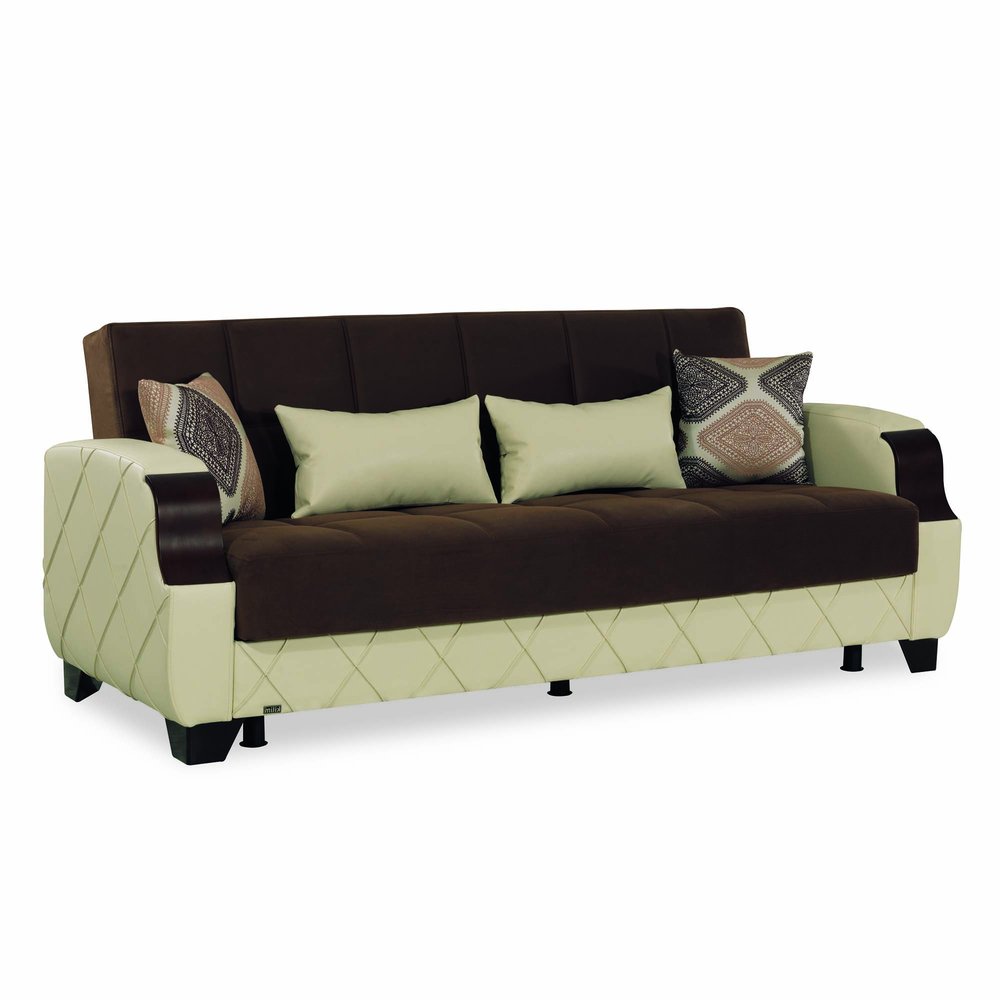 89" Brown And Cream Microsuede And Faux Leather Convertible Futon Sleeper Sofa And Toss Pillows With Storage