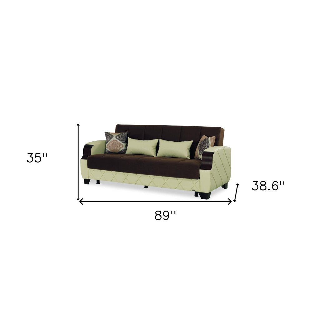 89" Brown And Cream Microsuede And Faux Leather Convertible Futon Sleeper Sofa And Toss Pillows With Storage