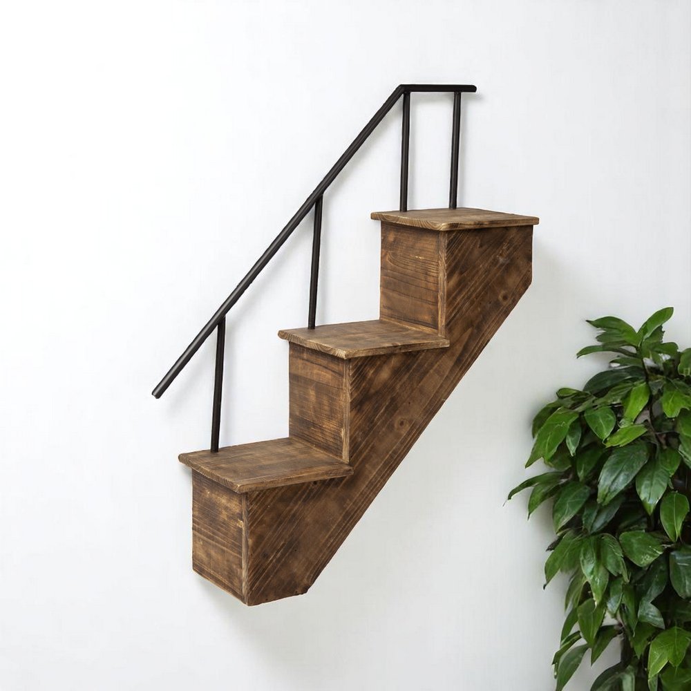 Estante decorativo de pared de 28 cm, de metal marrón y madera maciza, novedoso, para montar en la pared
