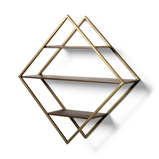 Estante decorativo de 30" en forma de diamante de latón antiguo, metal marrón y madera maciza