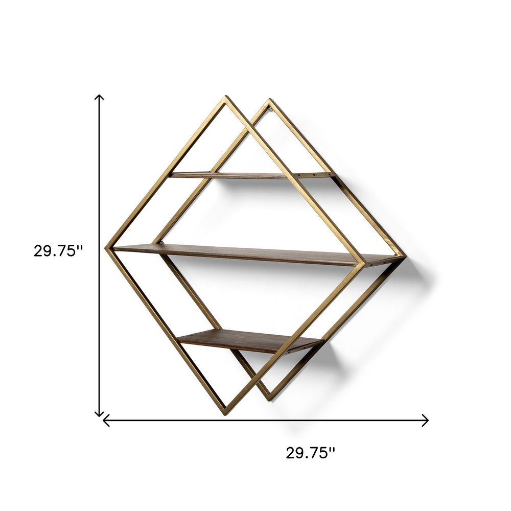 Estante decorativo de 30" en forma de diamante de latón antiguo, metal marrón y madera maciza