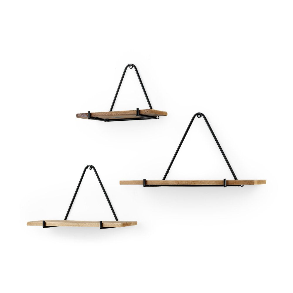 Juego de tres estantes decorativos triangulares de pared de metal y madera maciza, en negro y marrón