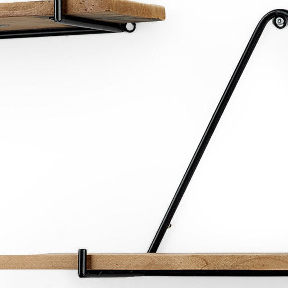 Juego de tres estantes decorativos triangulares de pared de metal y madera maciza, en negro y marrón