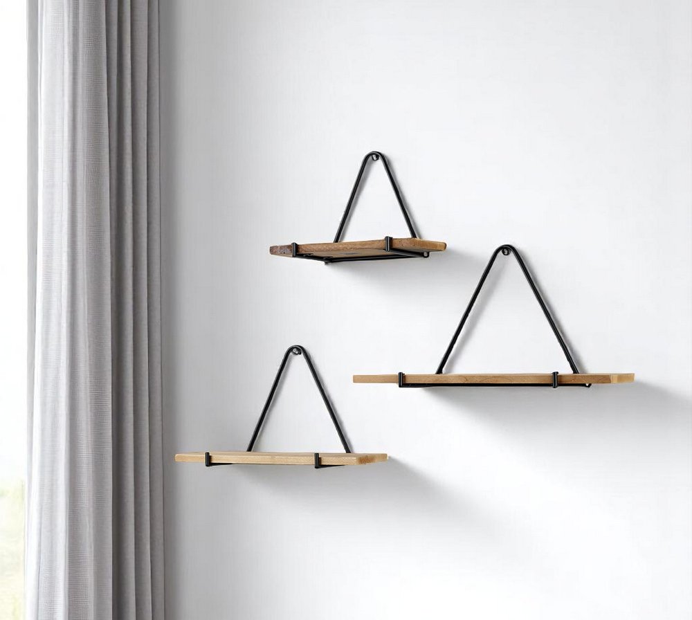 Juego de tres estantes decorativos triangulares de pared de metal y madera maciza, en negro y marrón