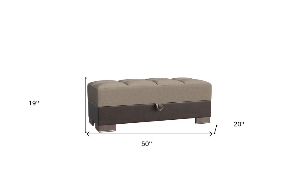 50" Tan and Brown Chenille And Faux Leather Storage Ottoman