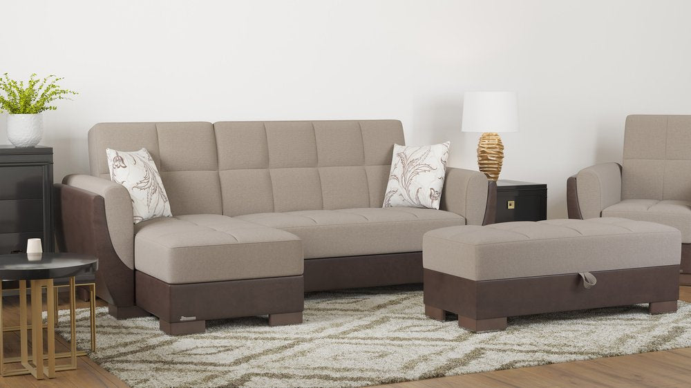 50" Tan and Brown Chenille And Faux Leather Storage Ottoman