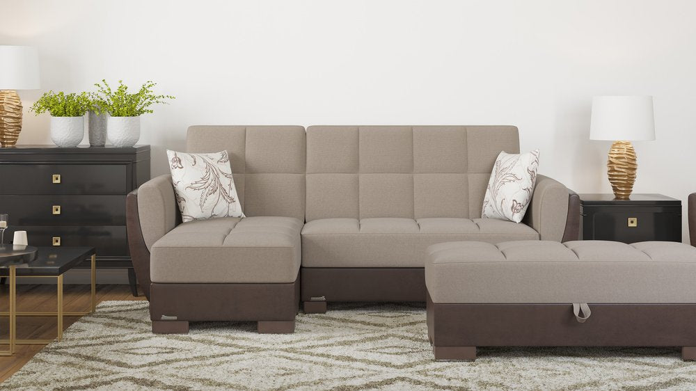 50" Tan and Brown Chenille And Faux Leather Storage Ottoman