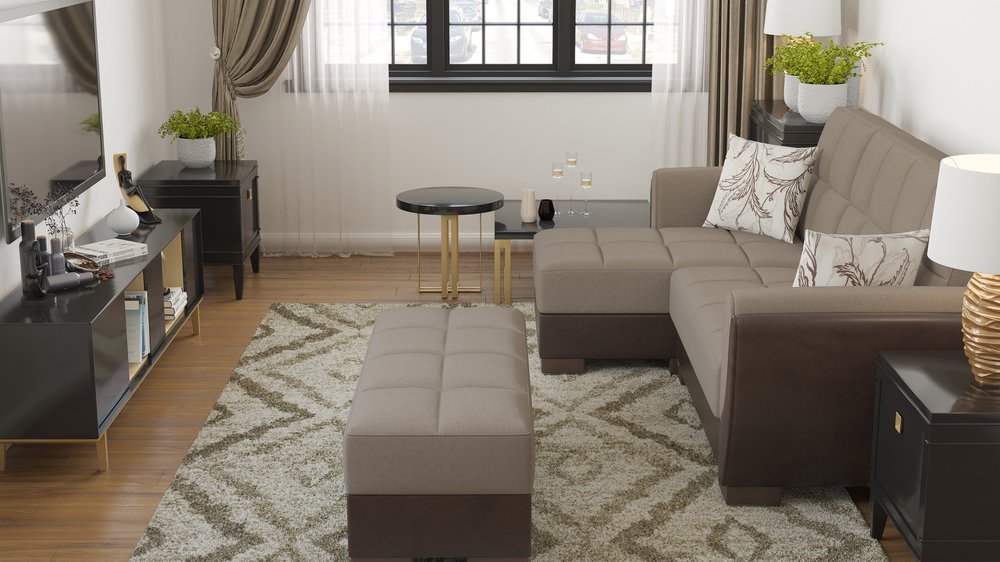 50" Tan and Brown Chenille And Faux Leather Storage Ottoman