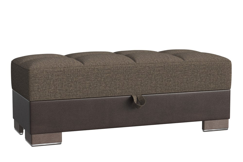 50" Brown and Black Upholstered Fabric And Faux Leather Tufted Storage Ottoman