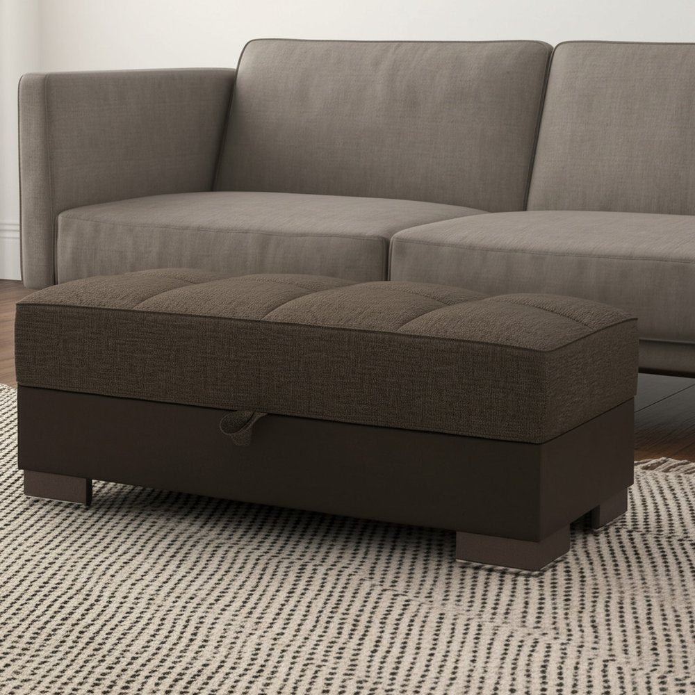 50" Brown and Black Upholstered Fabric And Faux Leather Tufted Storage Ottoman