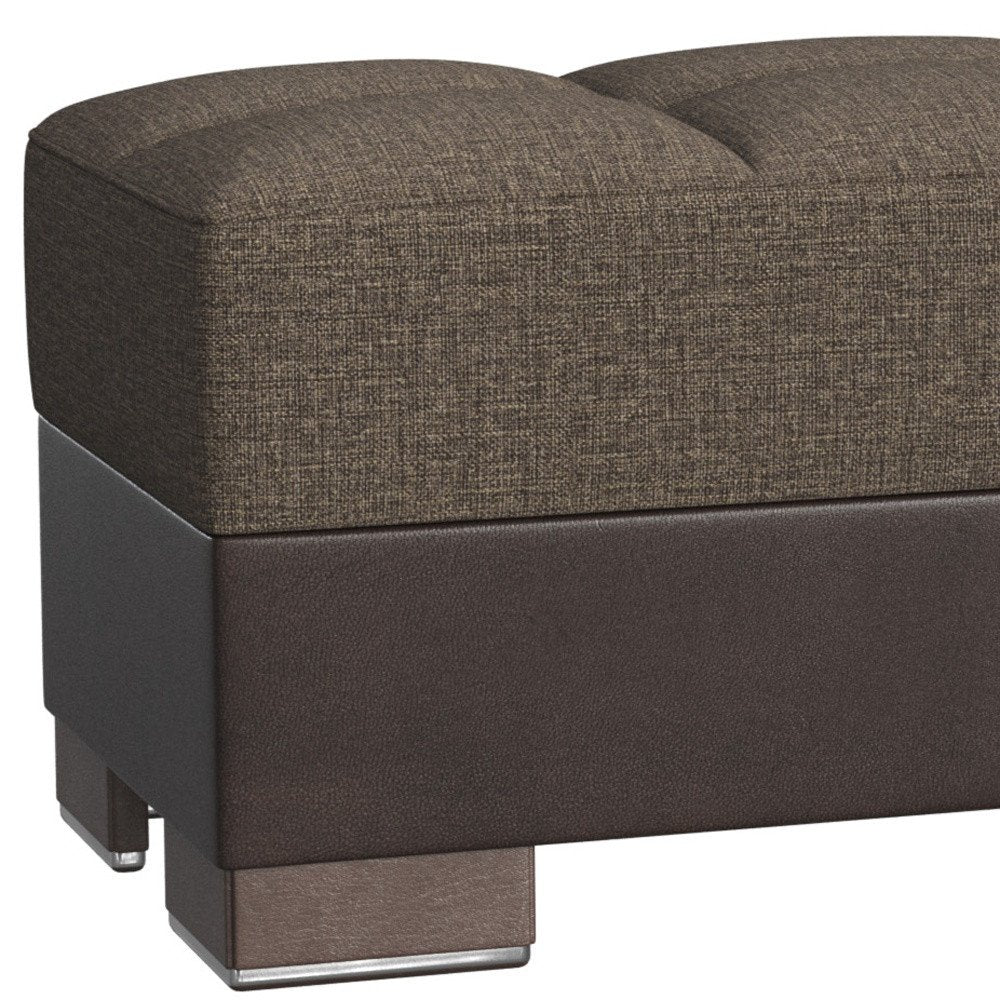 50" Brown and Black Upholstered Fabric And Faux Leather Tufted Storage Ottoman