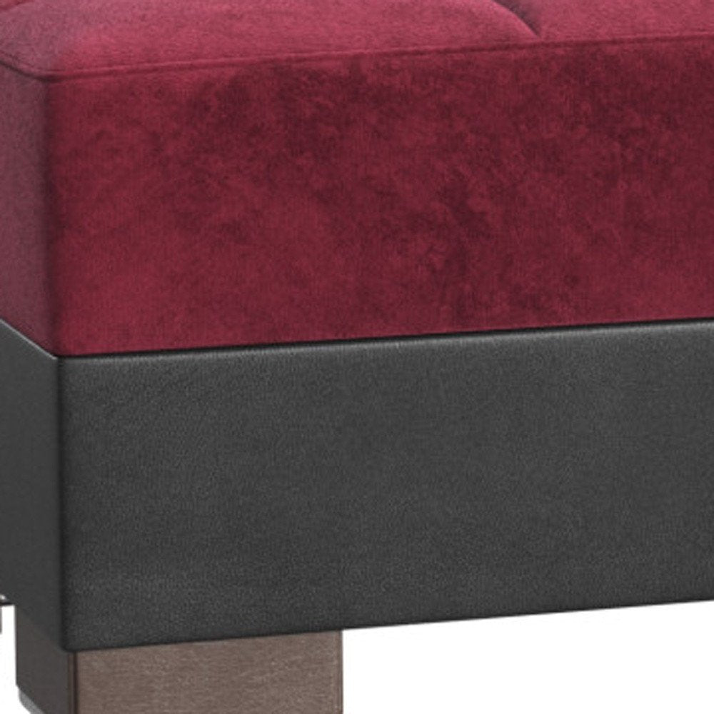 52" Burgundy and Brown Microfiber And Faux Leather Tufted Storage Ottoman