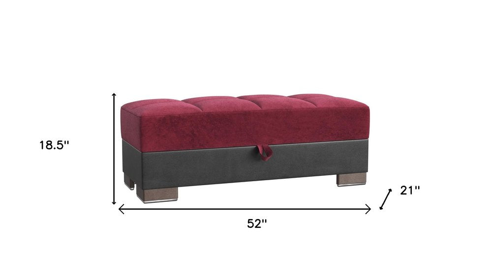 52" Burgundy and Brown Microfiber And Faux Leather Tufted Storage Ottoman