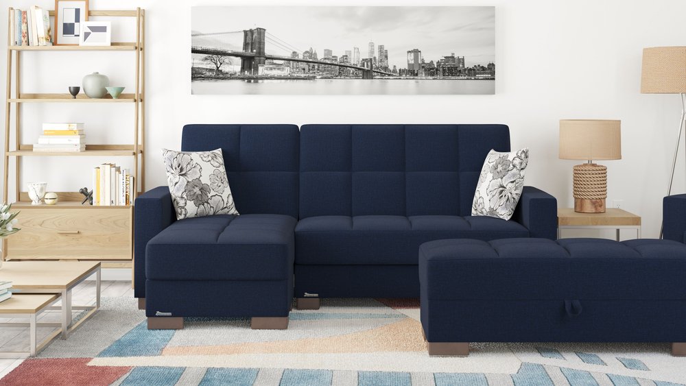 52" Dark Blue and Brown Chenille Tufted Storage Ottoman
