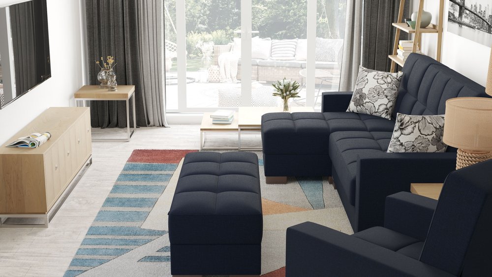 52" Dark Blue and Brown Chenille Tufted Storage Ottoman