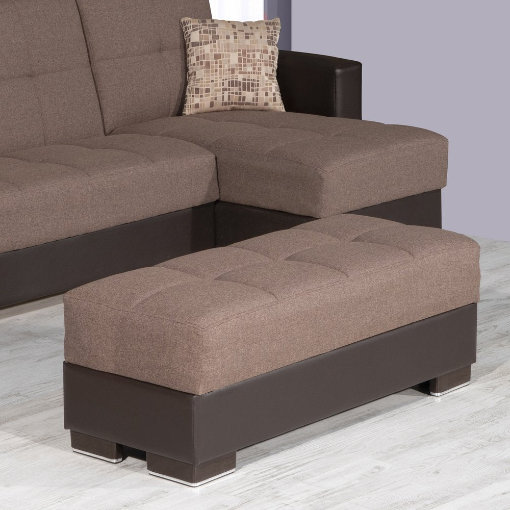 52" Brown Chenille And Faux Leather Tufted Storage Ottoman