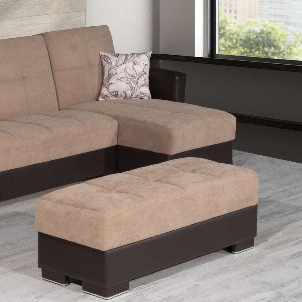 52" Tan and Brown Chenille And Faux Leather Storage Ottoman