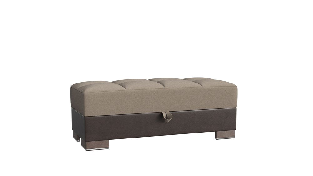 52" Sand and Brown Chenille And Faux Leather Storage Ottoman