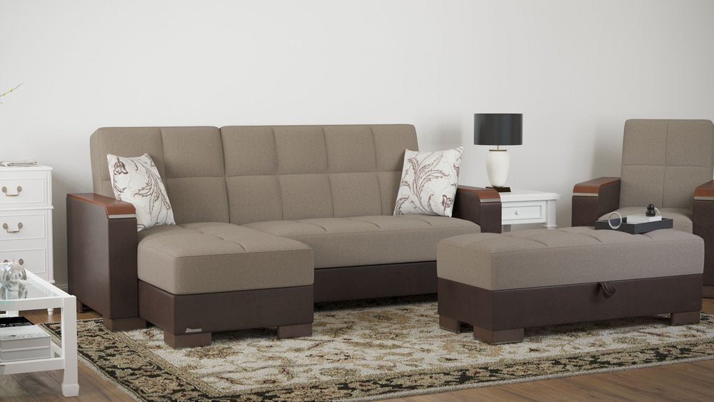 52" Sand and Brown Chenille And Faux Leather Storage Ottoman