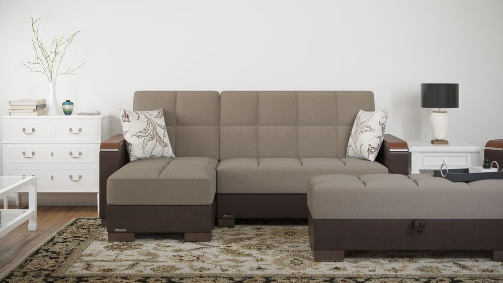 52" Sand and Brown Chenille And Faux Leather Storage Ottoman