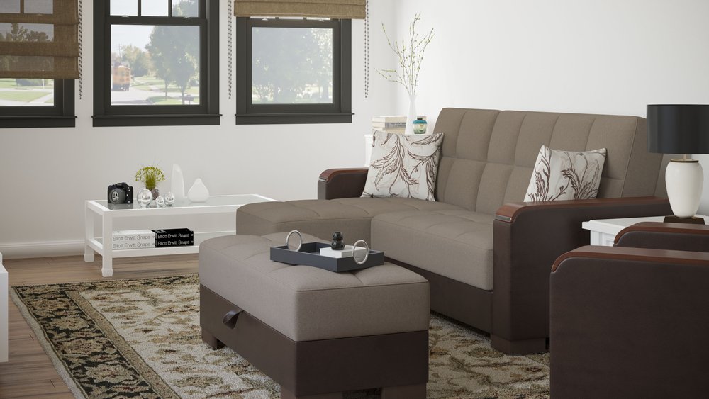 52" Sand and Brown Chenille And Faux Leather Storage Ottoman