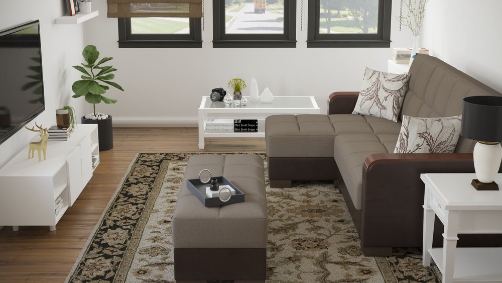 52" Sand and Brown Chenille And Faux Leather Storage Ottoman