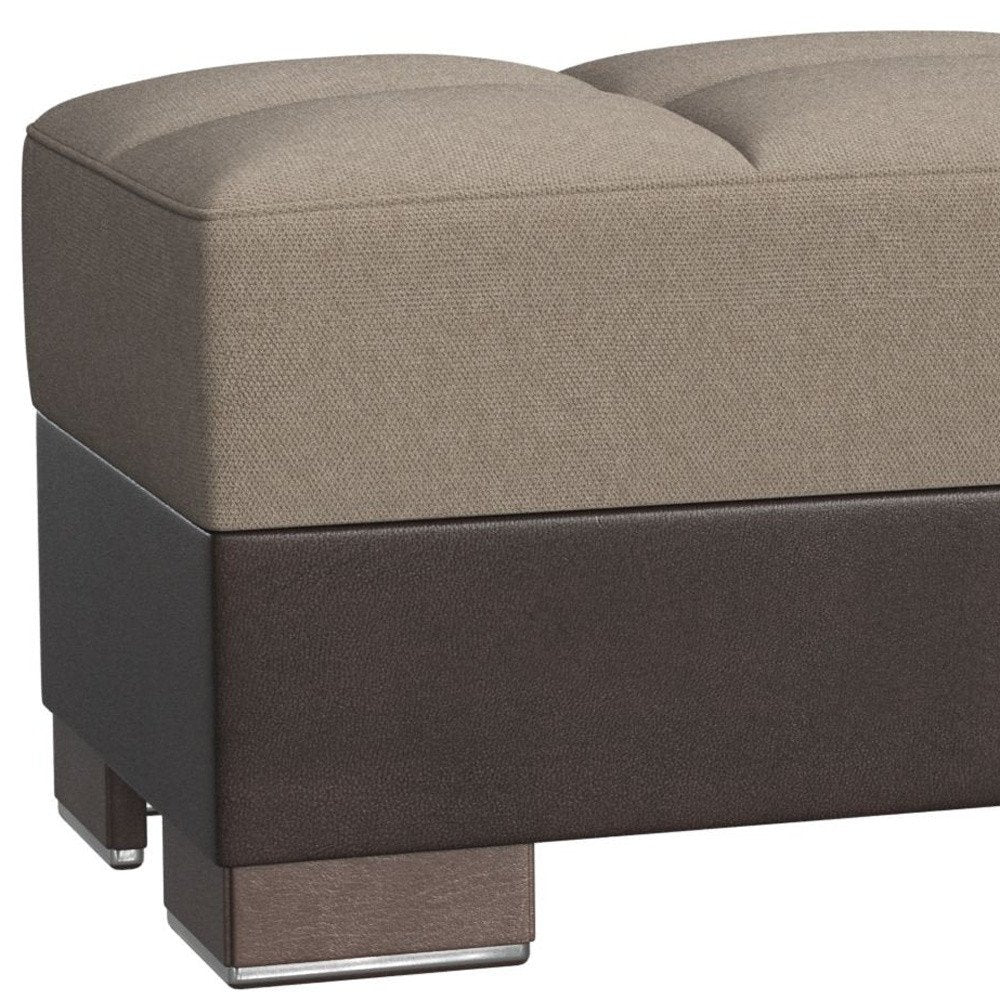 52" Sand and Brown Chenille And Faux Leather Storage Ottoman