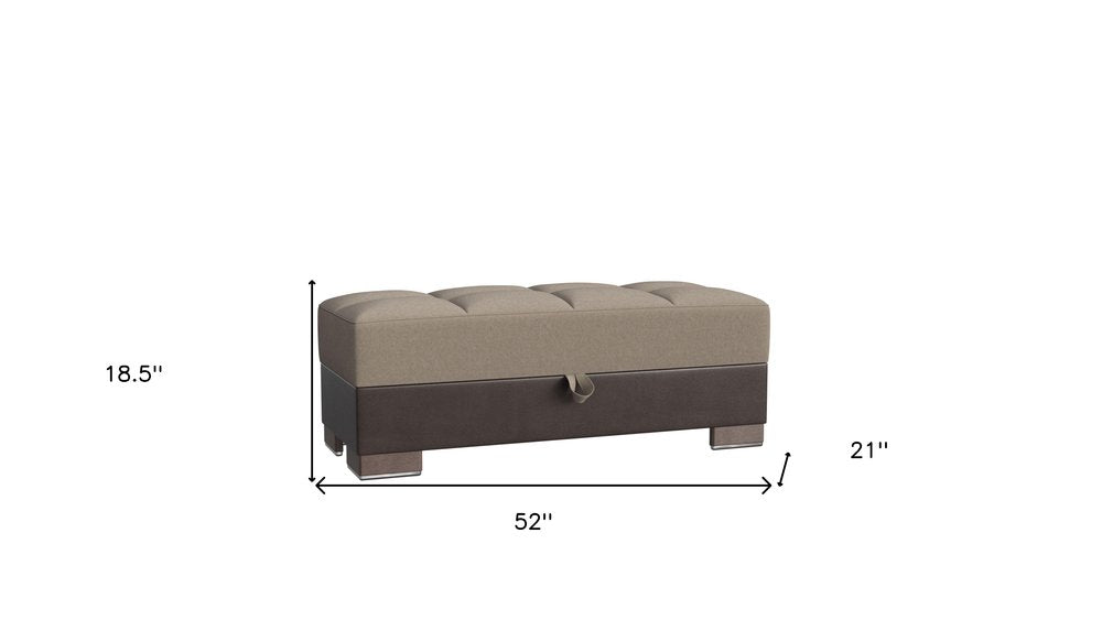 52" Sand and Brown Chenille And Faux Leather Storage Ottoman