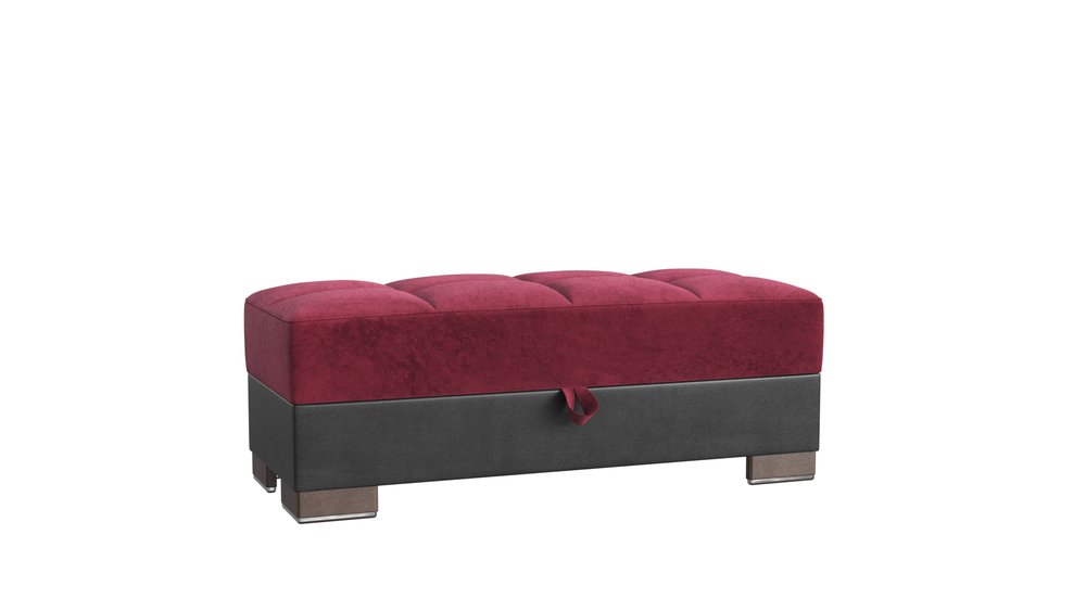 52" Burgundy Black and Brown Faux Leather And Microfiber Tufted Storage Ottoman