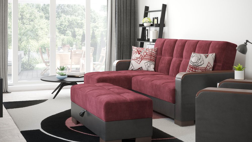 52" Burgundy Black and Brown Faux Leather And Microfiber Tufted Storage Ottoman