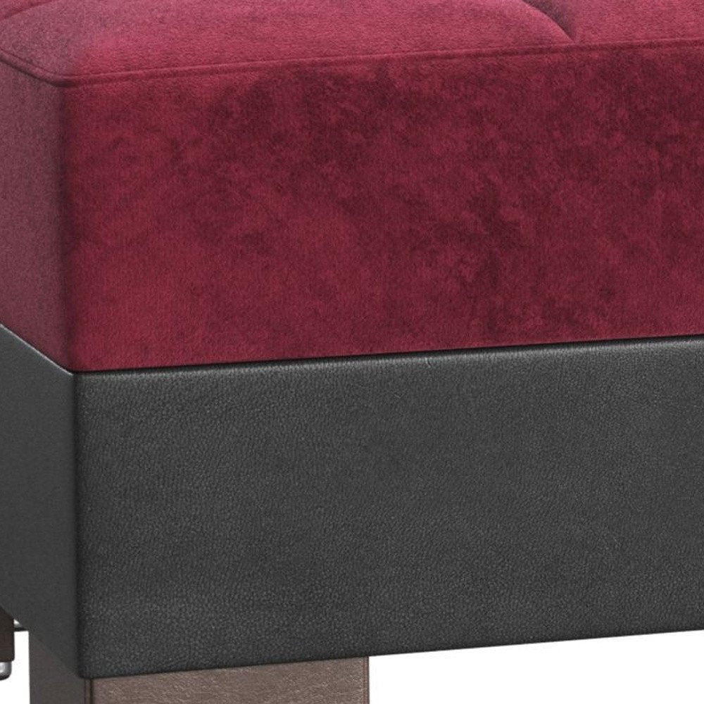 52" Burgundy Black and Brown Faux Leather And Microfiber Tufted Storage Ottoman