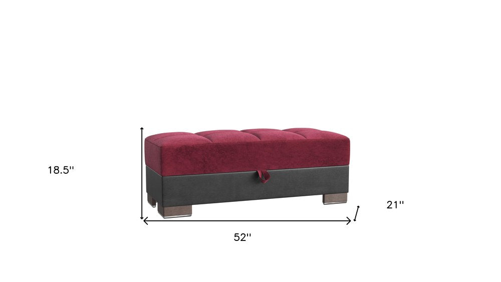 52" Burgundy Black and Brown Faux Leather And Microfiber Tufted Storage Ottoman