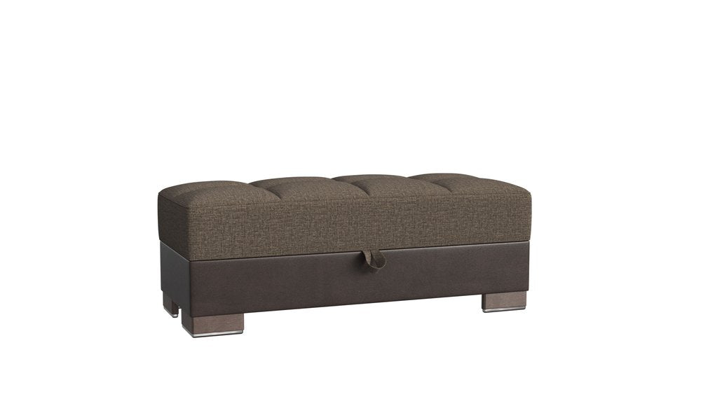 52" Brown Chenille And Faux Leather Tufted Storage Ottoman