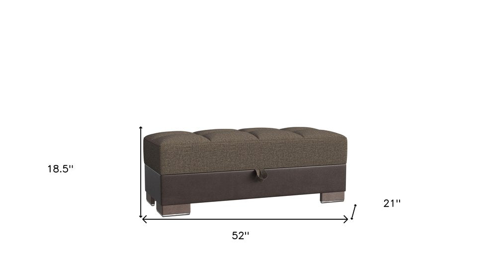 52" Brown Chenille And Faux Leather Tufted Storage Ottoman
