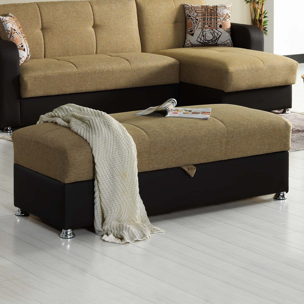 54" Camel Espresso and Silver Chenille And Faux Leather Tufted Storage Ottoman